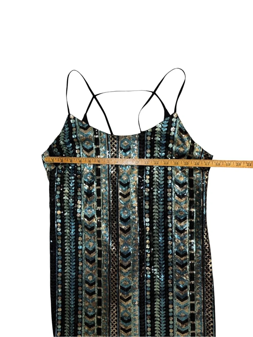 Forever 21 Contemporary Sequin Mini Dress Black Blue Gold Geometric Open Back L